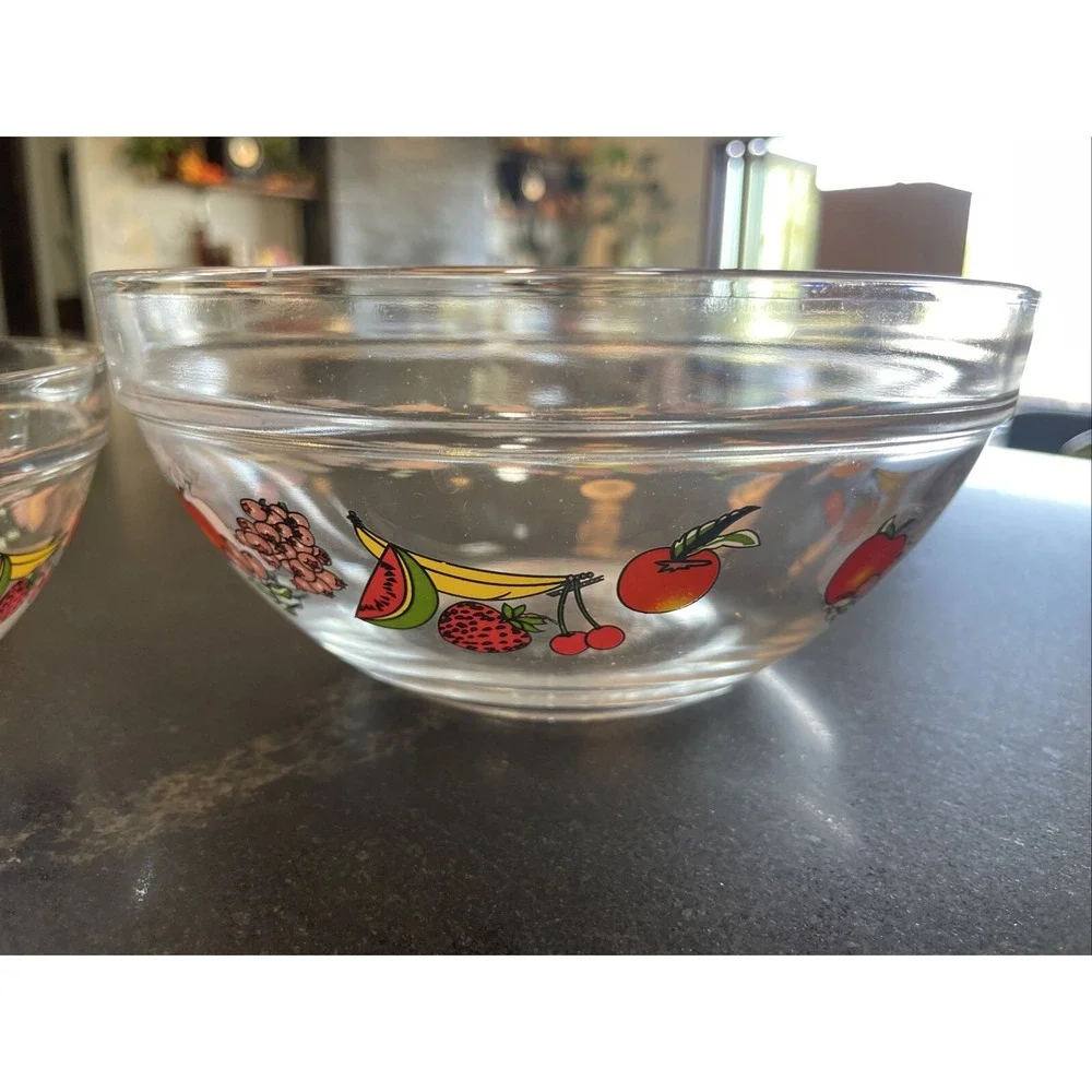 Vintage Glass Nesting Bowls Fruit Decals Mixing Salad 2 Clear Bowls Cereal
